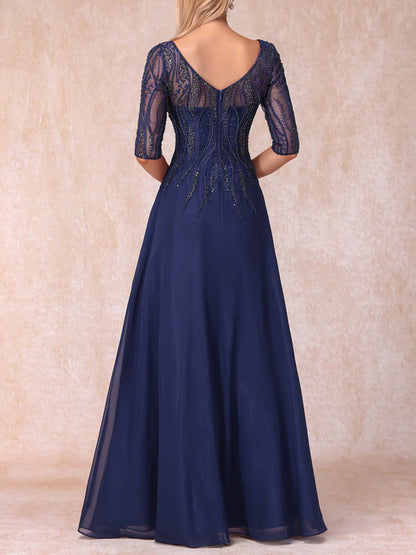 A-Line/Princess V-Neck Half Sleeves Long Formal Evening Dresses With Beading