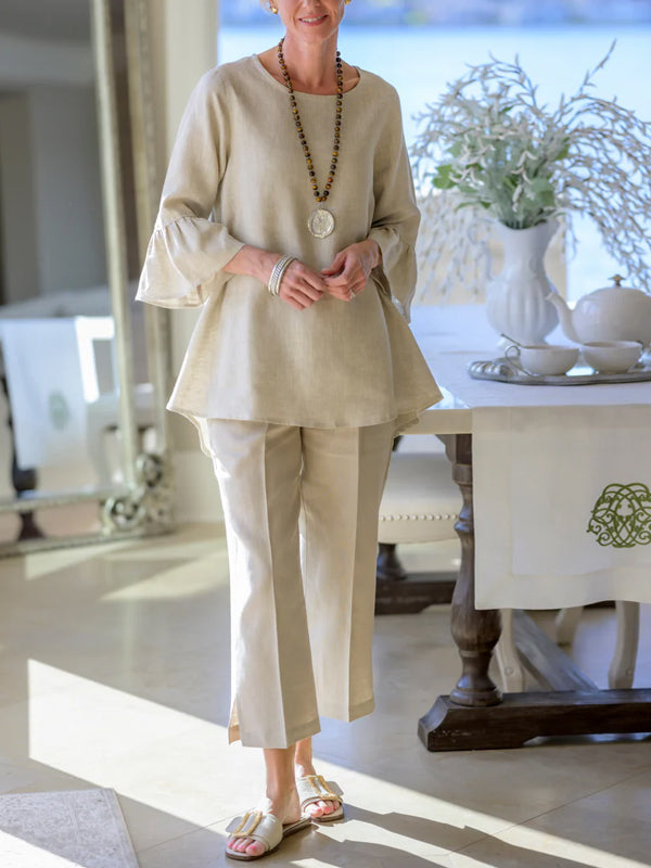 Round Neck Solid Color Cotton And Linen Top And Trousers Suit