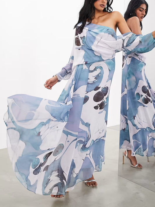 Plunging Bardot Neckline With Wave Print Women's Dress