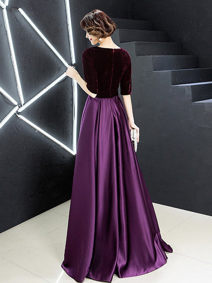 loveedsTM-V-neck Bow Waist A-line Satin Evening Dresses Short-Sleeve Velour Formal Women Prom Dresses Elegant Graduation Party Gowns