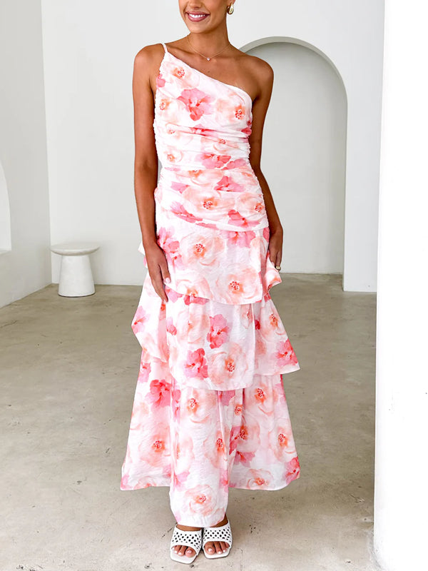 One Shoulder Pleated Spaghetti Strap Printed Dress