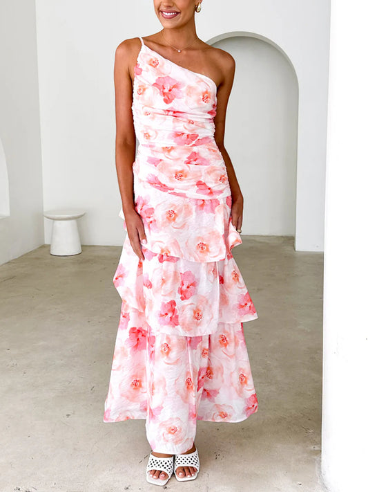 One Shoulder Pleated Spaghetti Strap Printed Dress