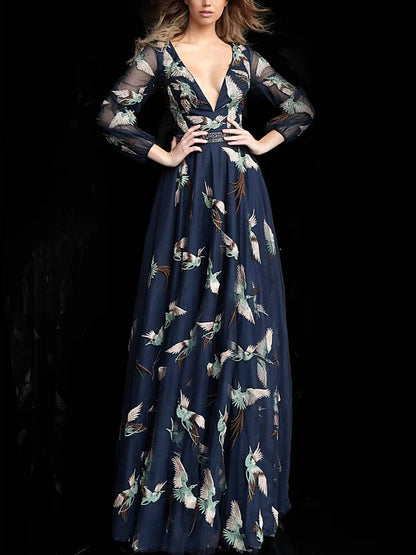 V-neck Mesh Print Maxi Dress