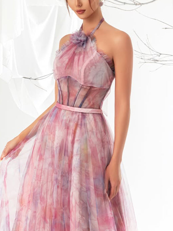 Halter Neck Elegant Tie-dyed Mesh Women's Dress