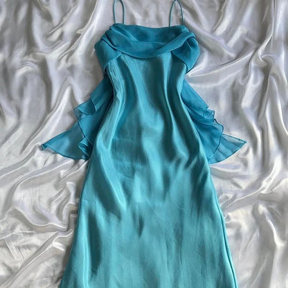 Blue fashion elegant spaghetti straps long chiffon elegant ball gown evening dress party dress gh3491