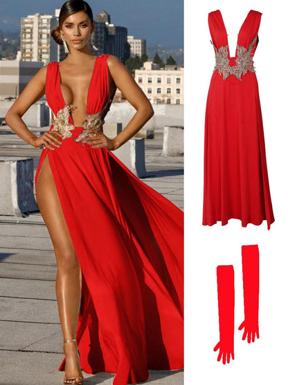 loveedsTM- Women Evening Party Dress Vestidos Long Maxi Dress Sexy Summer Deep V Neck Backless Dress High Slit Fashion Festival