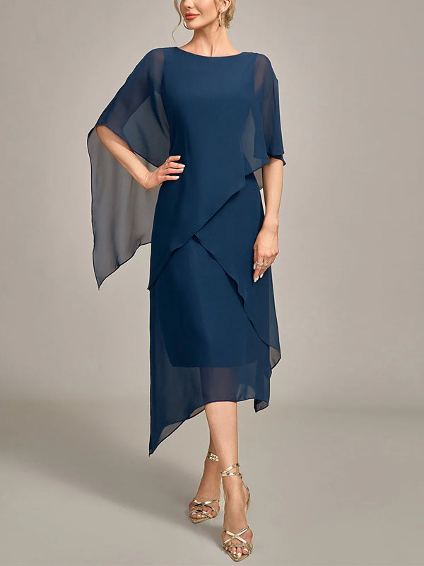Round Neck Chiffon Solid Color Midi Dress