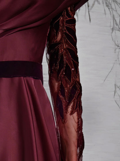 Asymmetric Off The Shoulder Velvet Leaves Dress