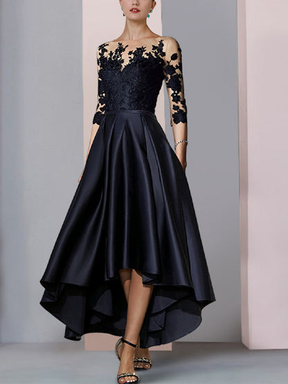 Round Neck Lace Solid Color Midi Dress