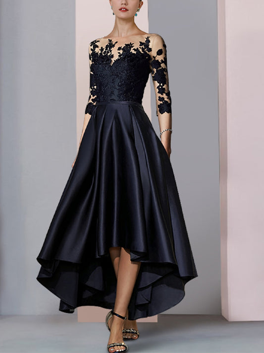 Round Neck Lace Solid Color Midi Dress