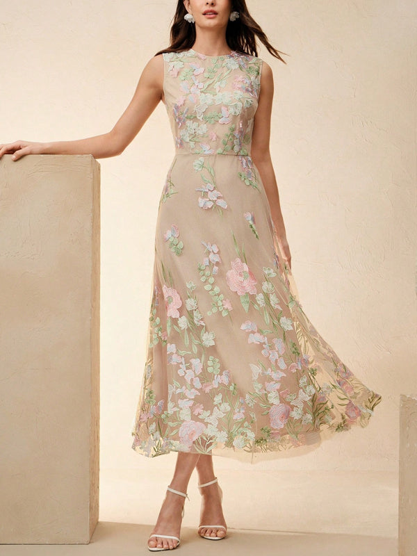 Sleeveless Embroidered Floral Dress