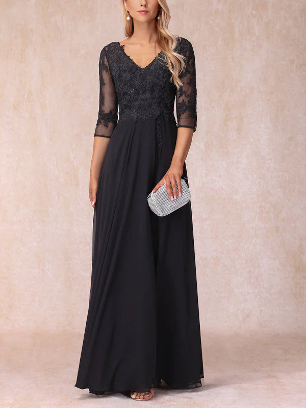 V-Neck Lace Mesh Solid Color Maxi Dress