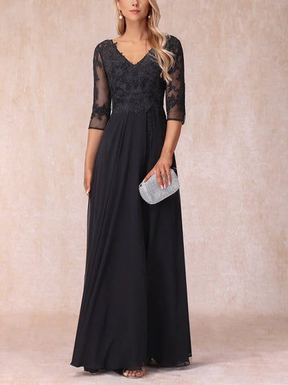 V-Neck Lace Mesh Solid Color Maxi Dress