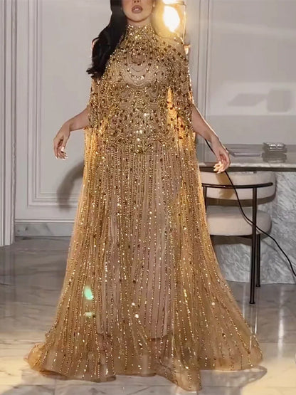 Sequined Mesh Solid Color Maxi Dress