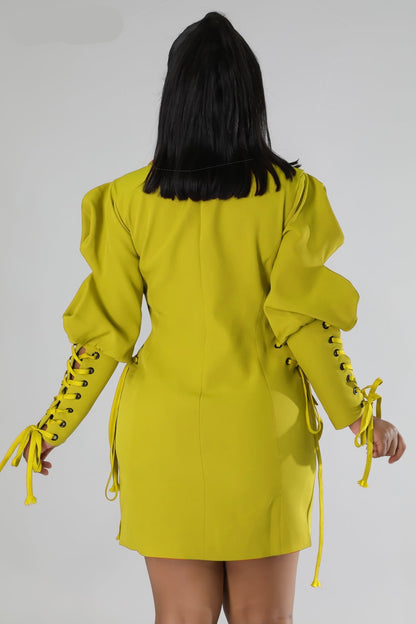 loveedsTM- Women Eyelet Lace Up Lantern Long Sleeve Single Breasted Lapel Neck Blazer Style Midi Dress for Winter Autumn Ins Tops