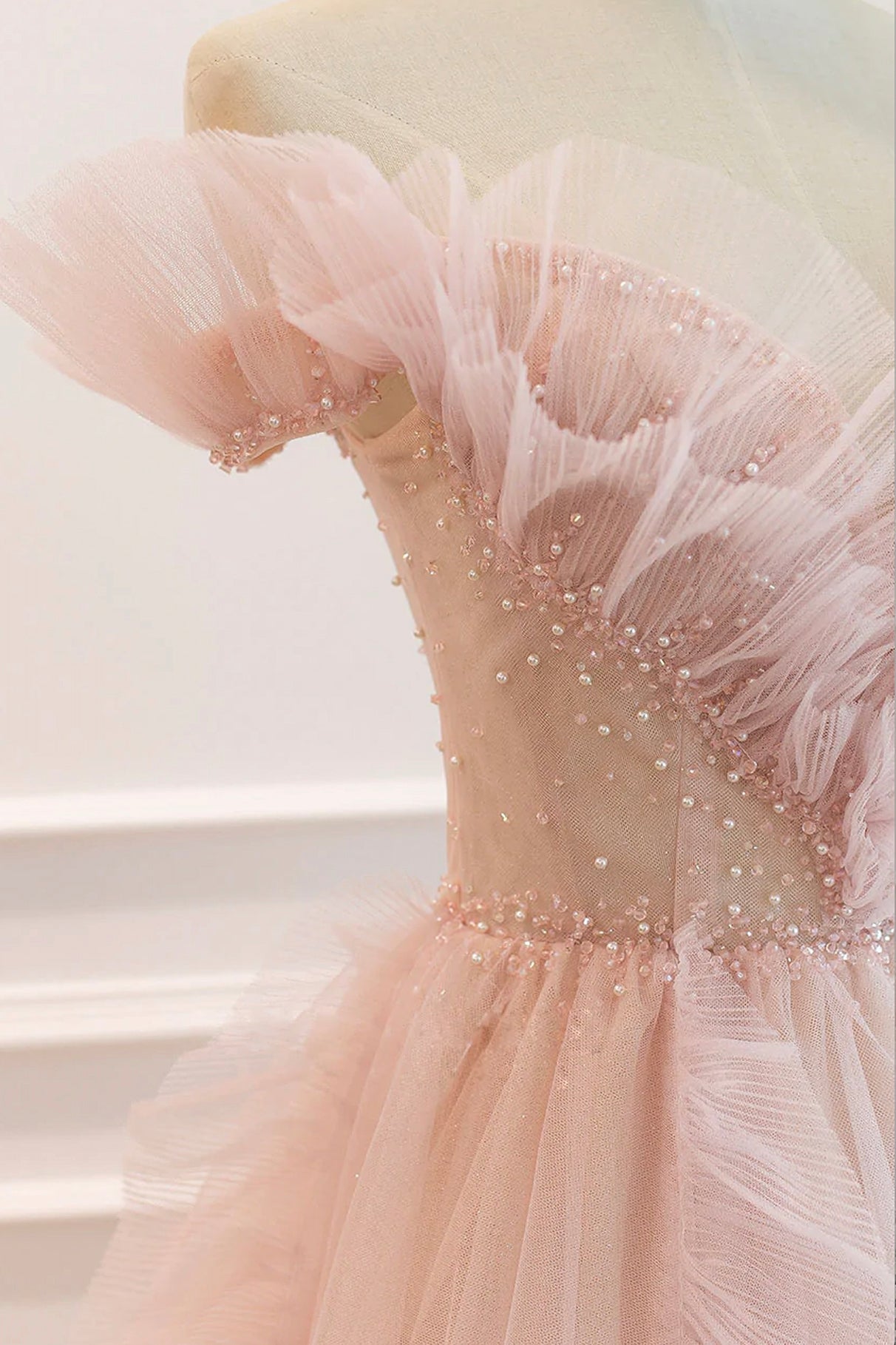 Pink V-Neck Tulle Long Prom Dress, Off the Shoulder Evening Graduation Dress