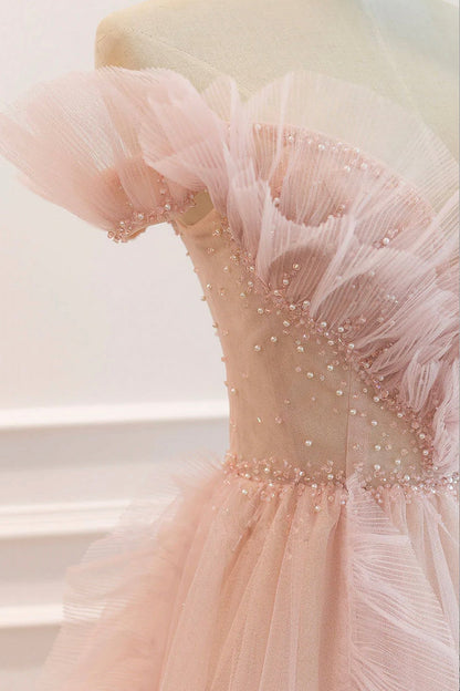 Pink V-Neck Tulle Long Prom Dress, Off the Shoulder Evening Graduation Dress