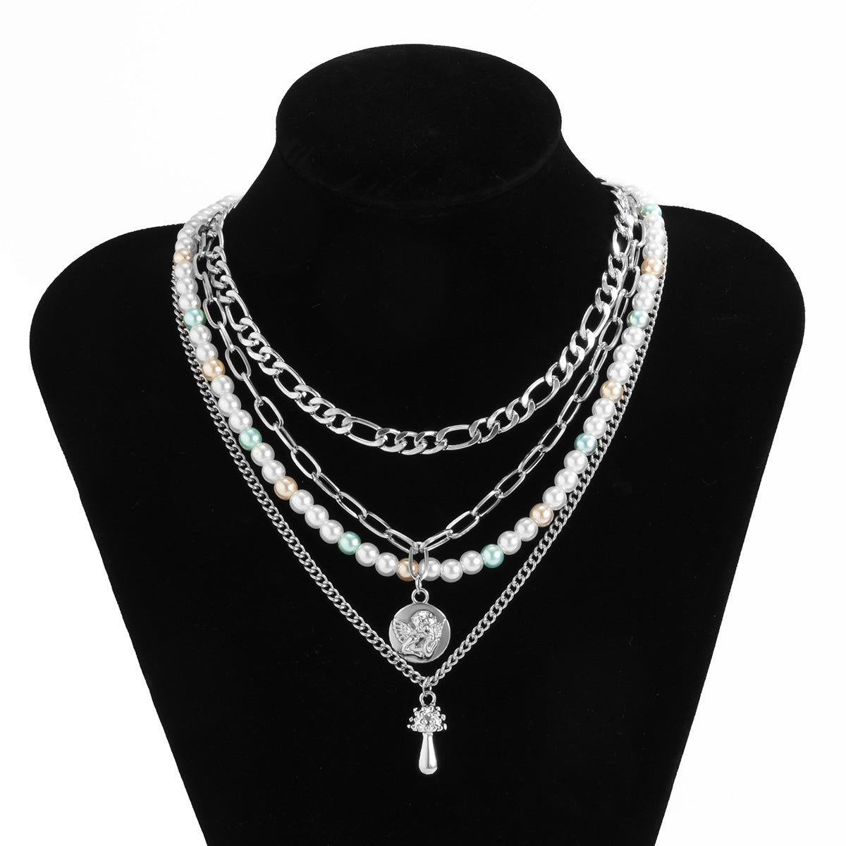 Metal necklace multiple sets of pearls