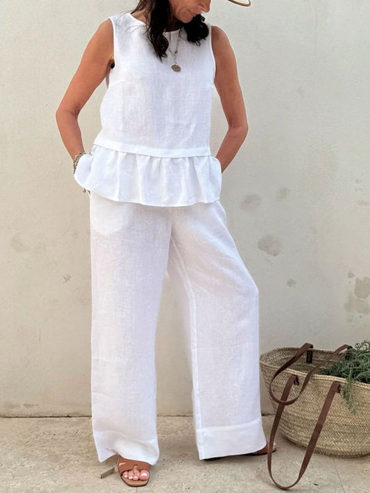Cotton Linen Sleeveless Ruffled Ladies Sets