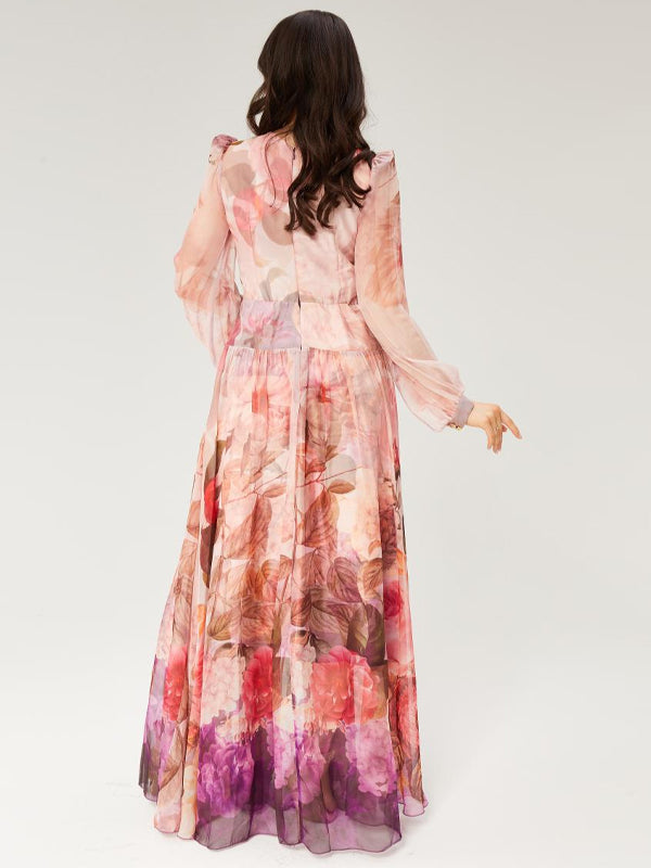 V-neck Colorful Printed Chiffon Maxi Dress