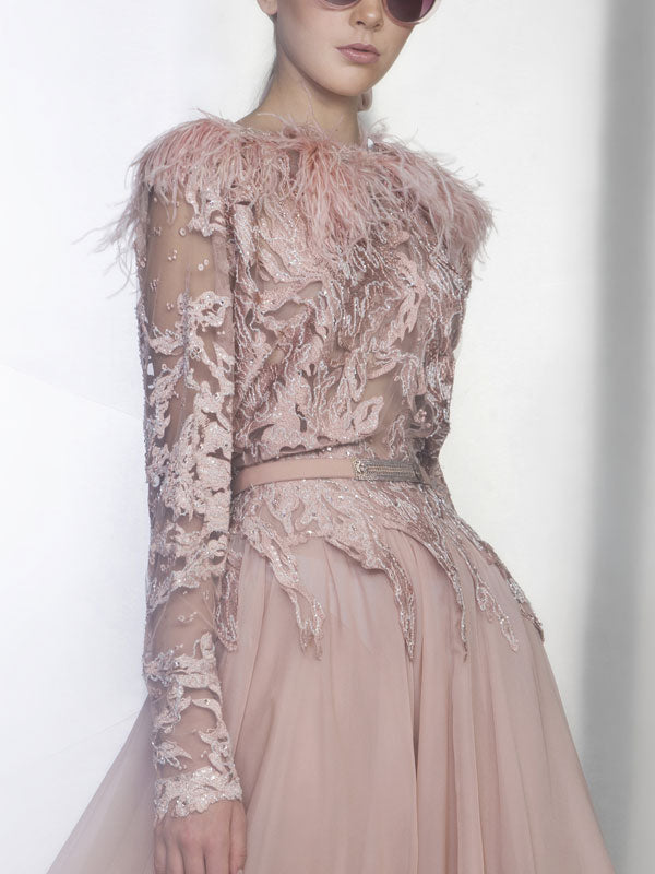 Long Illusion Sleeve Ball Gown