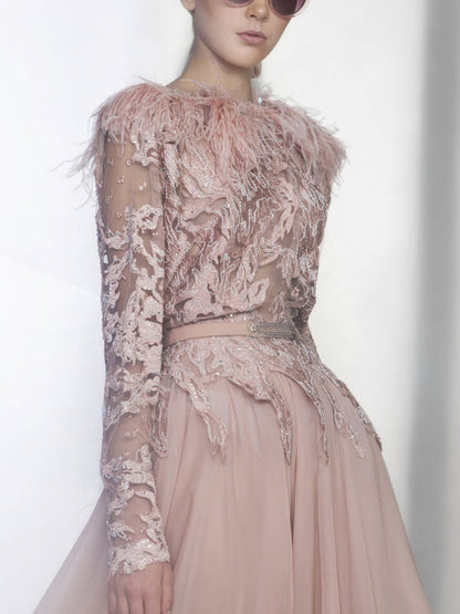 Long Illusion Sleeve Ball Gown