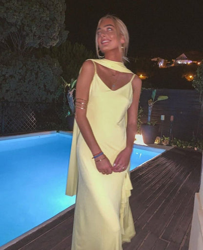 Yellow elegant fashion spaghetti strap long chiffon ruffled ball gown evening dress party dress gh3382