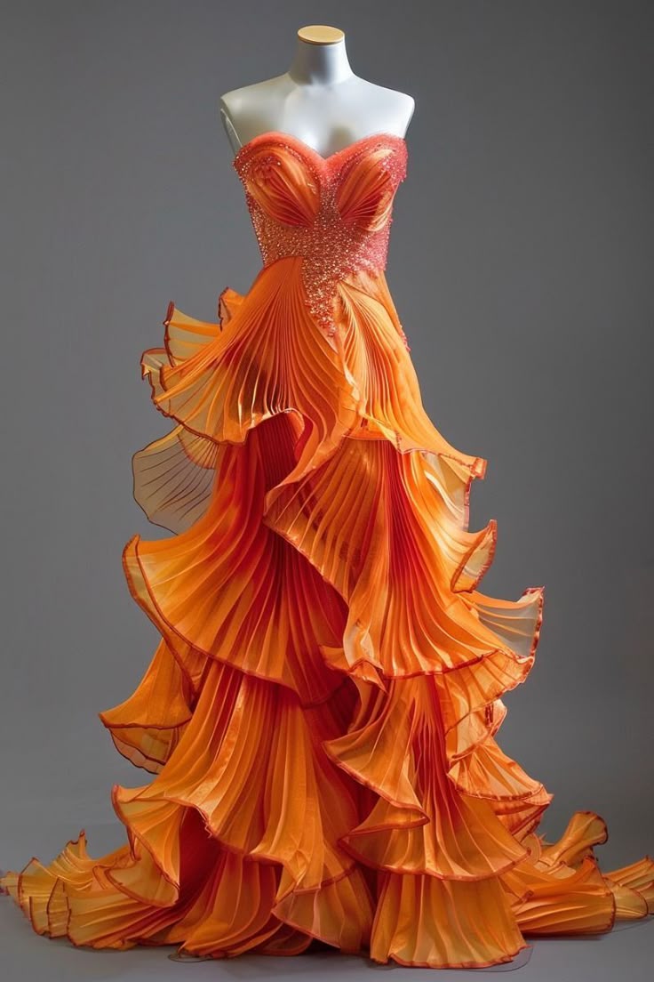 Orange A Line Sweetheart Neck Beaded Ruffle Tulle Prom Dress Graduation Prom Dress SH2519