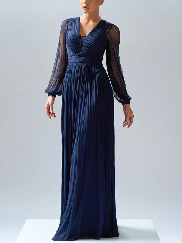 V-neck Solid Color Long Sleeves Maxi Dress