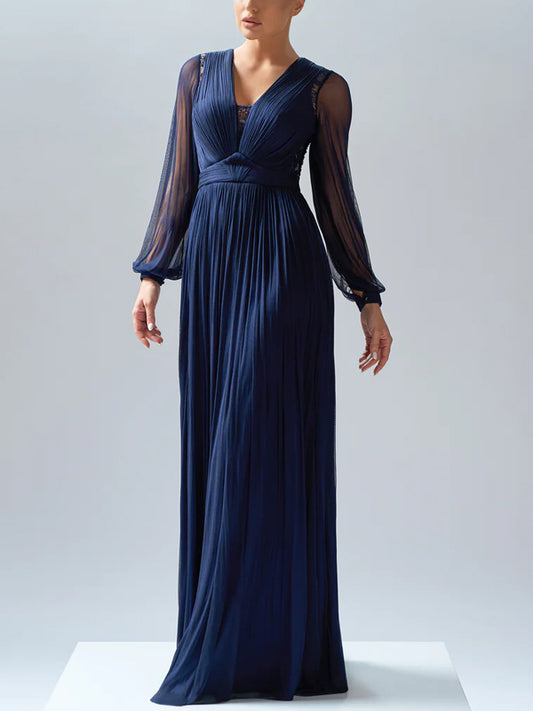 V-neck Solid Color Long Sleeves Maxi Dress