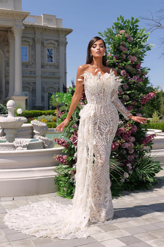 loveedsTM-White Super Heavy Ostrich Feather Dress-vx