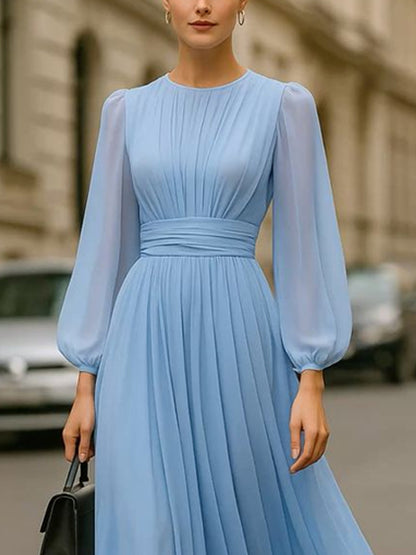 Chiffon Waist Elegant Pleated Ladies Dress