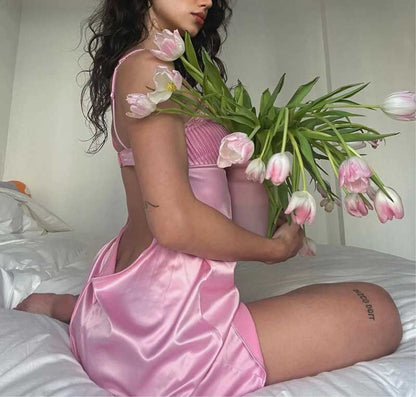 loveedsTM- pink satin slip dress women pinktuck details mini sexy women dress hollow out back chic ladies dress summer party