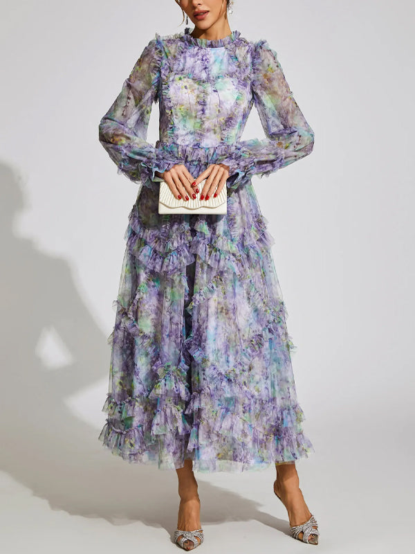 Mesh Printed Long Sleeves Maxi Dress