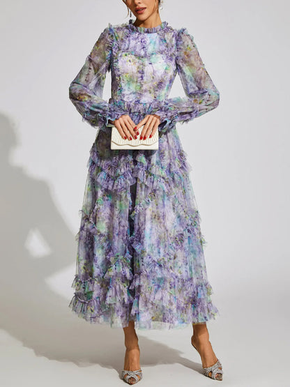 Mesh Printed Long Sleeves Maxi Dress