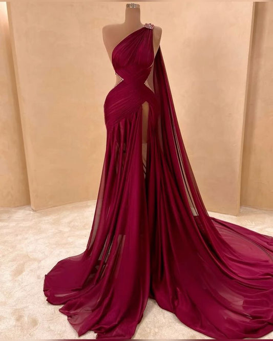 preppydressess-Plum color fashionable one-shoulder sexy elegant long chiffon Prom Dress evening dress gh5039