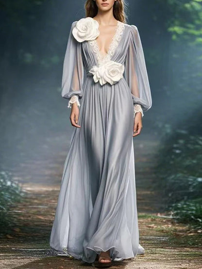 V-neck Floral Chiffon Large Flower Dress