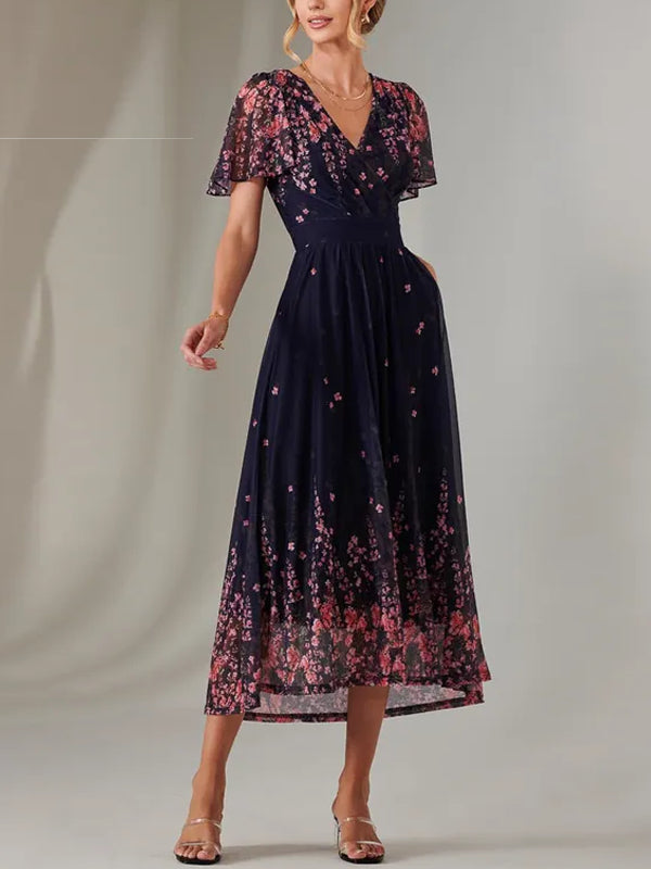 V-neck Floral Chiffon Dress