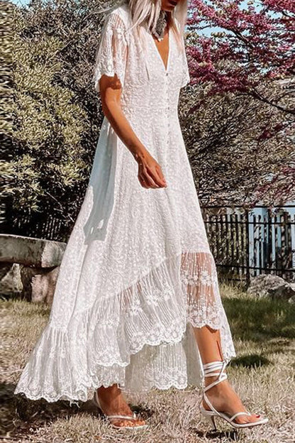 loveedsTM-Casual Solid Patchwork Buckle V Neck Irregular Dress Dresses