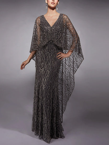 V-Neck Lace Sequins Maxi Dress