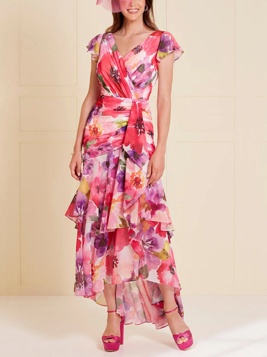 V-Neck Printed Short Sleeves Midi Dress