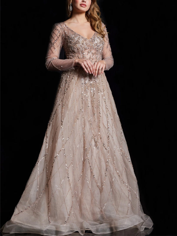 V-neck Solid Color Sequins Maxi Dress