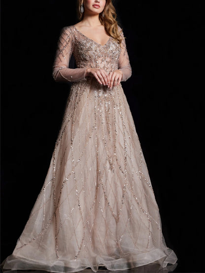 V-neck Solid Color Sequins Maxi Dress