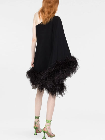 One Shoulder Solid Color Feather Mini Dress