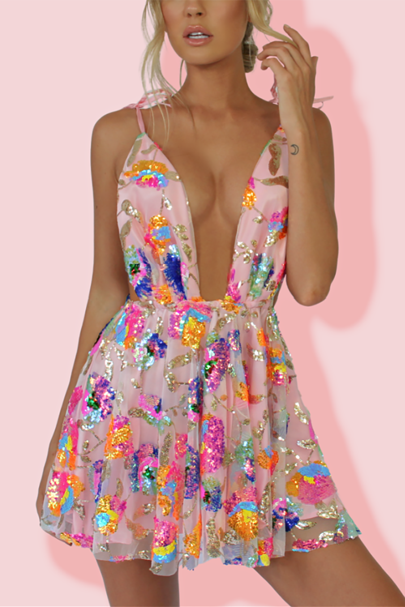 loveedsTM- Rainbow Sequin Open Back Slip Mini Dress