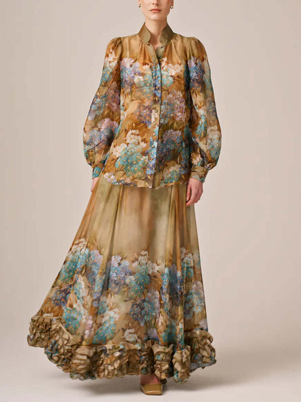 Organza Temperament Print Comfortable Women's Skirt Suit