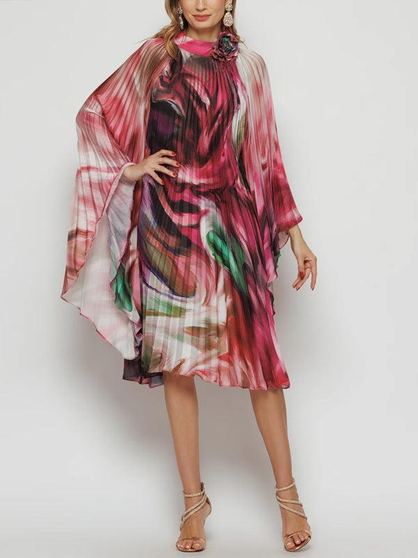 Pleated Elegant Chiffon Color Matching Ladies Dress