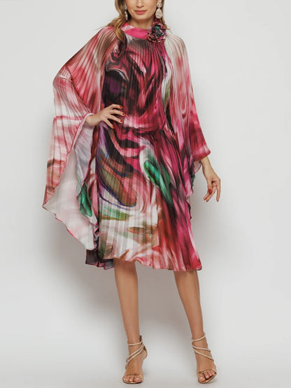 Pleated Elegant Chiffon Color Matching Ladies Dress