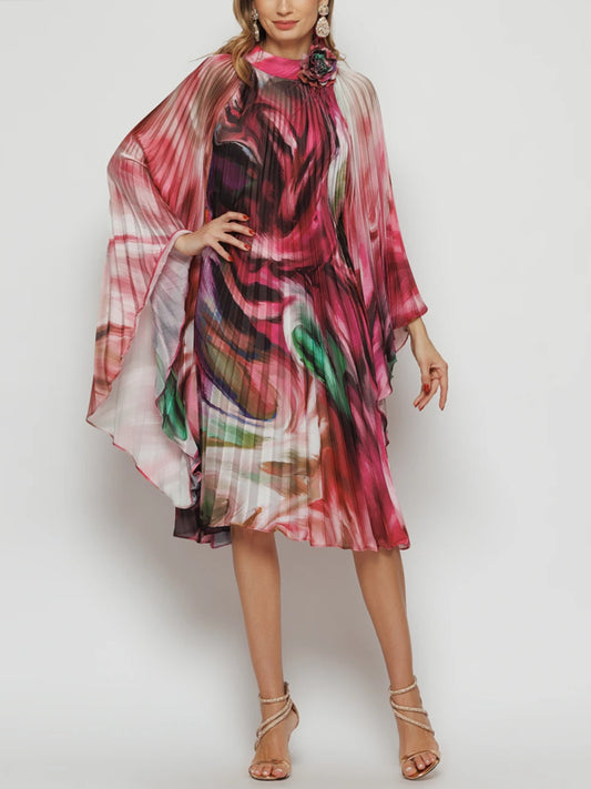 Pleated Elegant Chiffon Color Matching Ladies Dress