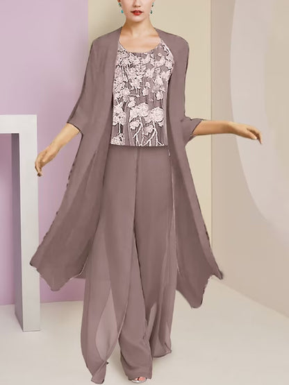 Round Neck Chiffon Lace Sleeveless Vest Solid Color Top Trousers Three-Piece Suit